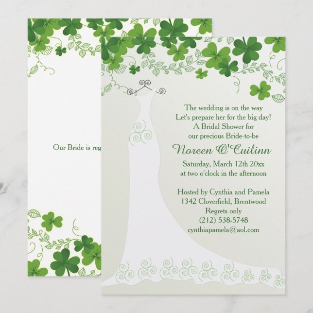 Irish Shamrock, Wedding Gown Bridal Shower Invitation (Front/Back)
