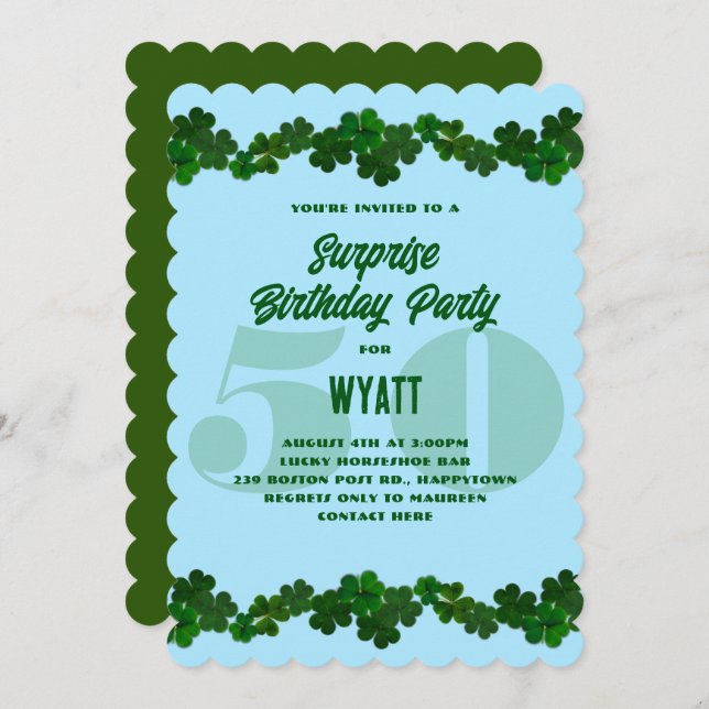 Irish Shamrocks March Surpirse Birthday Party Invi Invitation (Front/Back)