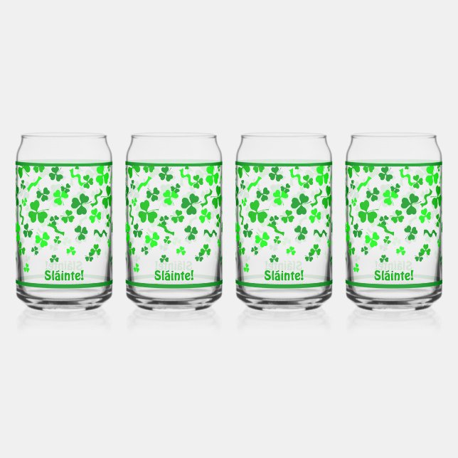 Irish Sláinte Lucky Shamrocks Design Personalized Can Glass (Front)
