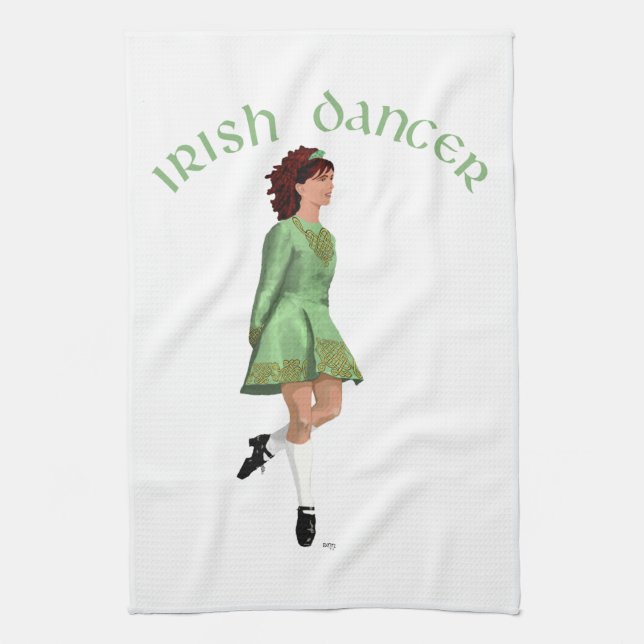 Irish Step Dancer - Green Tea Towel (Vertical)