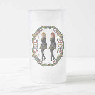Irish Step Dancers in Celtic Knotwork Surround Frosted Glass Beer Mug