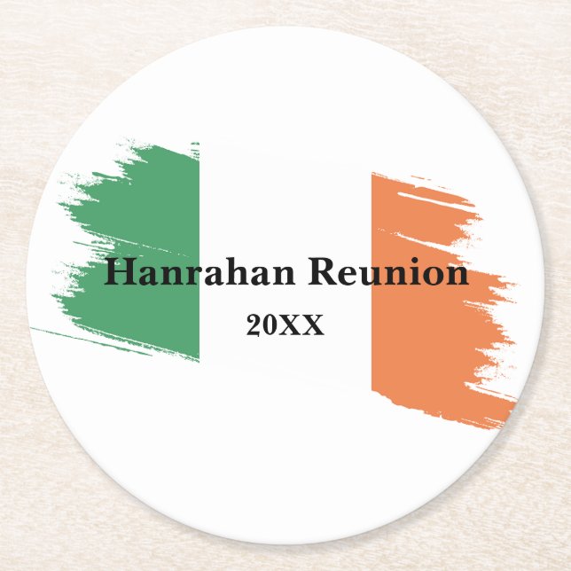 Irish Surname Name Custom Flag Colours Reunion Round Paper Coaster (Front)