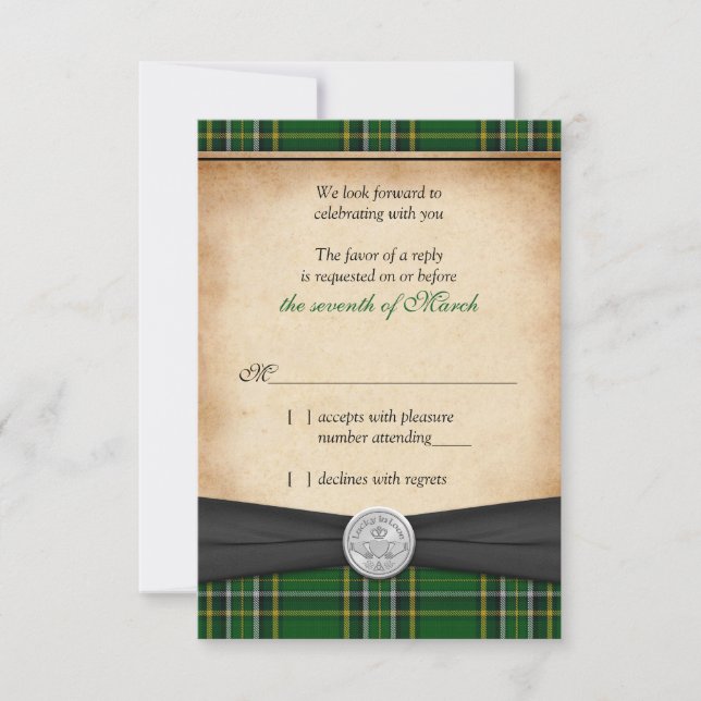 Irish Tartan Celtic Claddagh Lucky Wedding RSVP Card (Front)