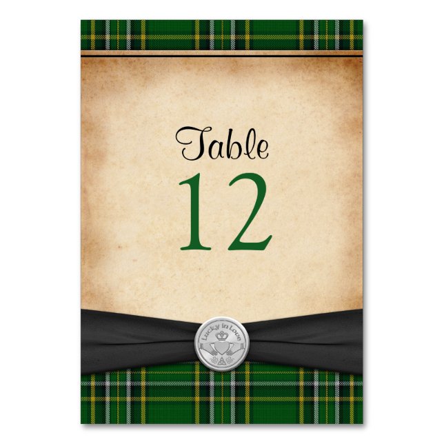 Irish Tartan Claddagh Celtic Wedding Table Card (Front)