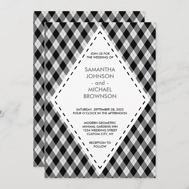 Irish Tartan Diamond Black Grey Wedding Invitation (Front/Back)