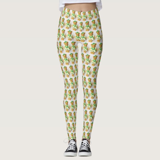 Irish Teddy Bear St. Pat'rick's Day-Print Leggings (Front)
