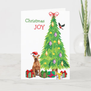 Irish Terrier Dog, Bird and Christmas Tree Holiday Card