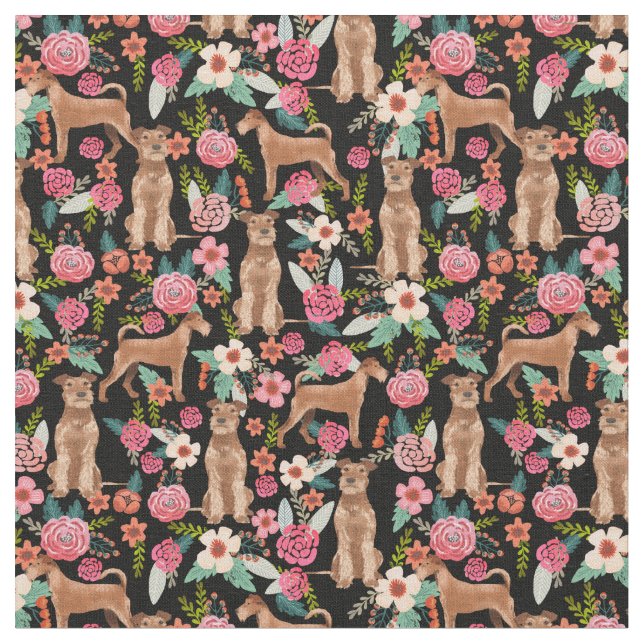 Irish terrier dogs vintage florals black fabric (Close Up)