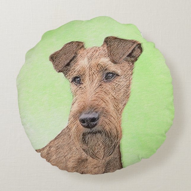 Irish Terrier Painting - Cute Original Dog Art Round Cushion (Back)