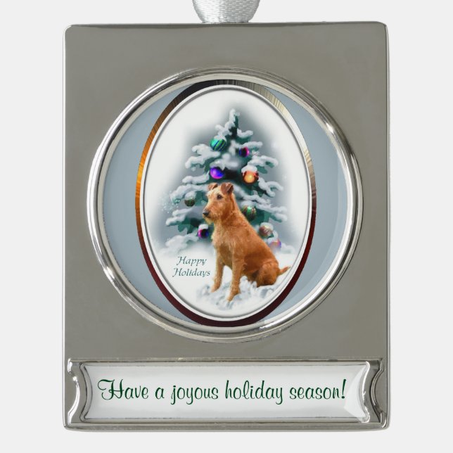 Irish Terrier Personalised Christmas Silver Plated Banner Ornament (Front)