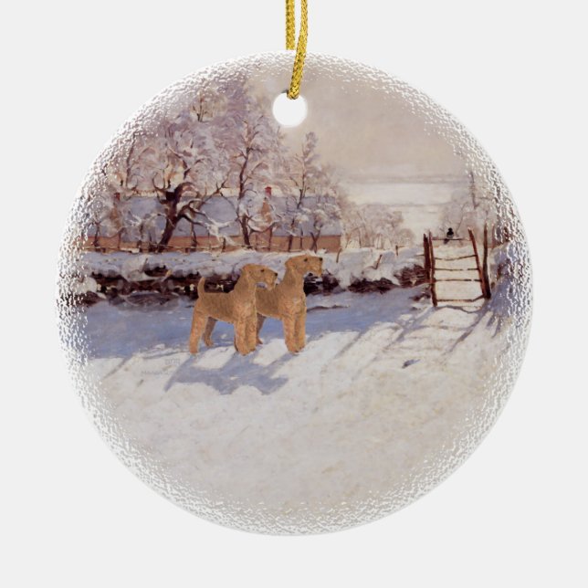 Irish Terriers in Winter Ceramic Tree Decoration (Front)