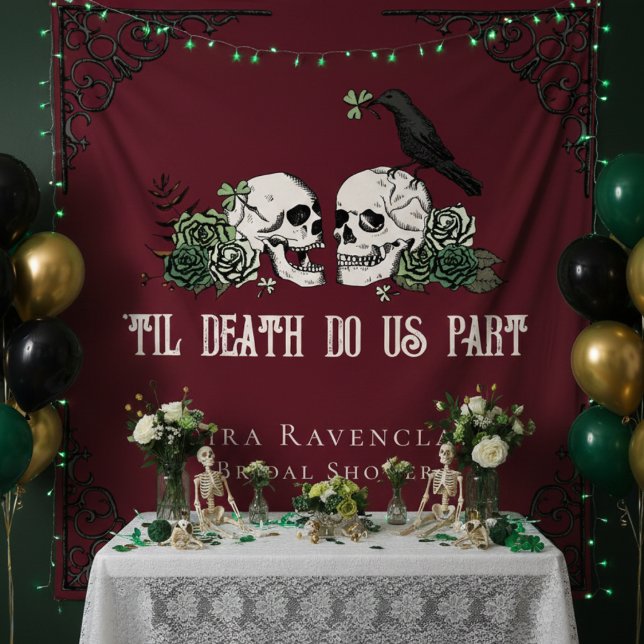 Irish Til Death Burgundy Gothic Skulls Backdrop Tapestry (Burgundy Gothic Til Death Do Us Part Irish Bridal Shower Backdrop. Vintage Skulls, Flowers, Shamrock)