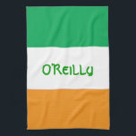 Irish Tricolour Green White Orange Flag with Name Tea Towel<br><div class="desc">Irish Tricolour Green White Orange Flag with Name Kitchen Towel, created especially for Irish-American family kitchens, let you add your family moniker or that of the person you're gifting.. Makes a beautiful present for Mum, Dad, Grandmother, Grandfather; anyone who is proud to be a son or daughter of Ireland, aka,...</div>