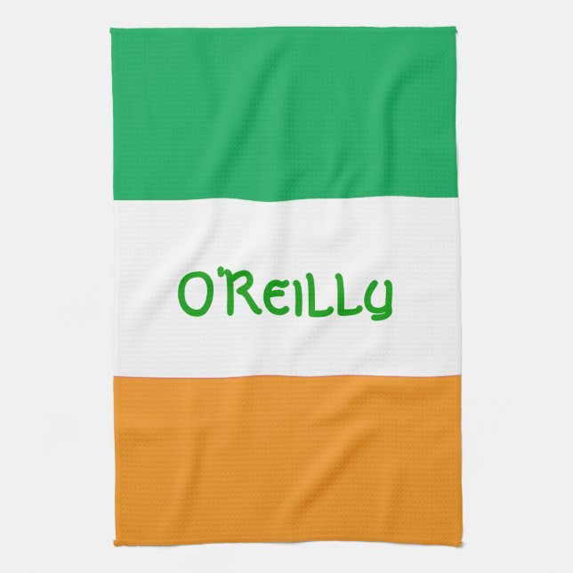 Irish Tricolour Green White Orange Flag with Name Tea Towel (Vertical)