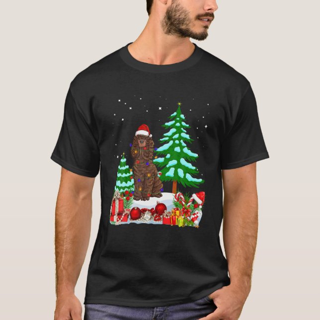 Irish Water Spaniel Dog Wearing Christmas Hat Tree T-Shirt (Front)