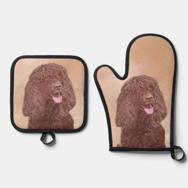 Irish Water Spaniel IWS Painting Original Dog Art Oven Mitt & Pot Holder Set (Front)