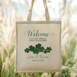 Irish Wedding Custom Welcome Bag Green Clovers<br><div class="desc">Irish wedding welcome bag with shamrocks and four lines of custom text. Welcome guests to a destination wedding event with goodie bags placed in their hotel room. Include names of the bride and groom, with date and location of the wedding. A grouping of dark green clover leaves is in the...</div>