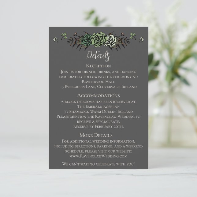 Irish Wedding Details Green Roses Floral Skulls  Enclosure Card (Standing Front)