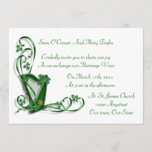Irish Wedding invitation Harp shamrocks and ribbon