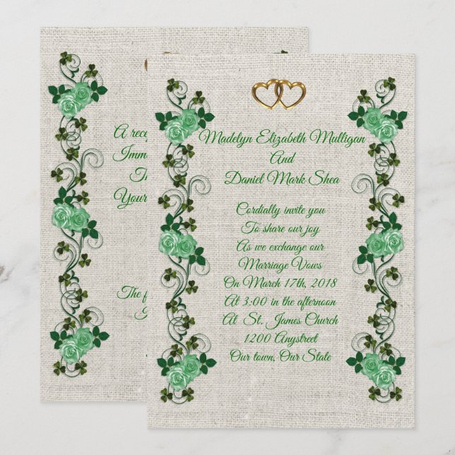 Irish Wedding invitation shamrocks and green roses (Front/Back)