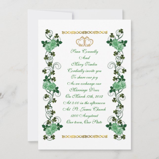 Irish Wedding invitation shamrocks and green roses (Front)