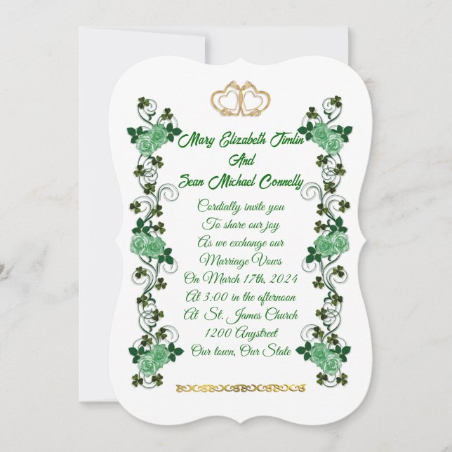 Irish Wedding invitation shamrocks and green roses (Front)