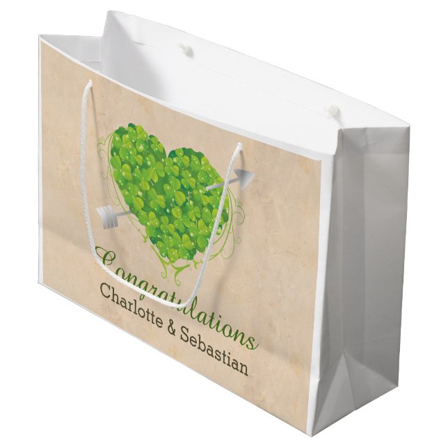 Irish Wedding Shamrock Heart Large Gift Bag (Front Angled)