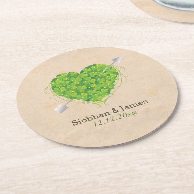 Irish Wedding Shamrock Heart Round Paper Coaster (Angled)