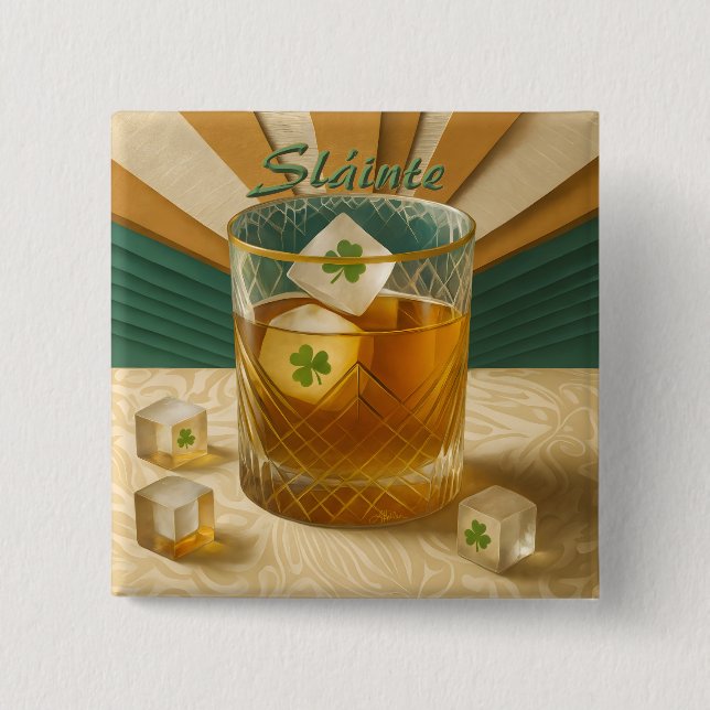 Irish Whiskey Tumbler Shamrock Ice "Sláinte!" 15 Cm Square Badge (Front)