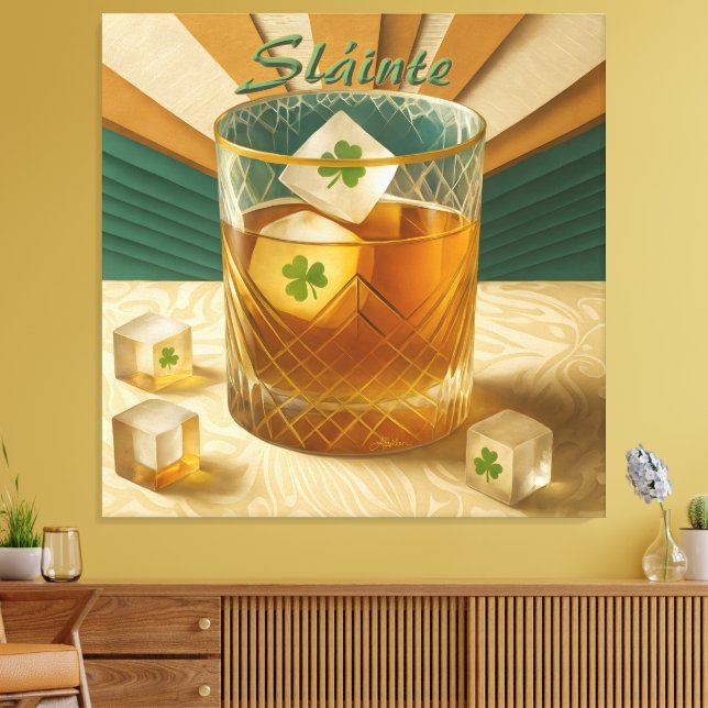 Irish Whiskey Tumbler Shamrock Ice "Sláinte!" Canvas Print (Insitu(LivingRoom))