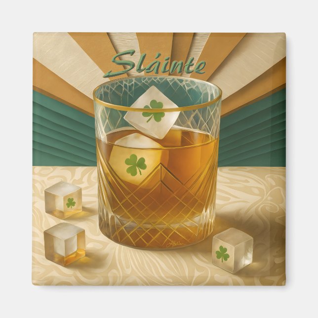 Irish Whiskey Tumbler Shamrock Ice "Sláinte!" Magnet (Front)