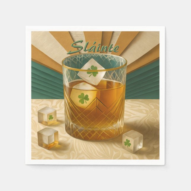 Irish Whiskey Tumbler Shamrock Ice "Sláinte!" Napkin (Front)