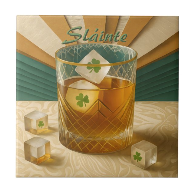 Irish Whiskey Tumbler Shamrock Ice "Sláinte!" Tile (Front)