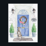 Irish Wolf Hound Moving Announcement Postcard<br><div class="desc">Announce your new address with our stylish announcement featuring a Irish Wolf Hound,  blue front door,  welcome mat,  slate sign,  topiaries and a floral wreath set on a grey brick background.</div>