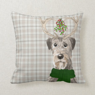 Irish Wolfhound and Taupe Plaid Christmas Dog Cushion