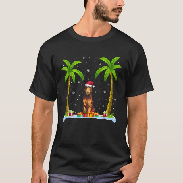 Irish Wolfhound Dog Santa Hat Palm Tree Beach Xmas T-Shirt (Front)