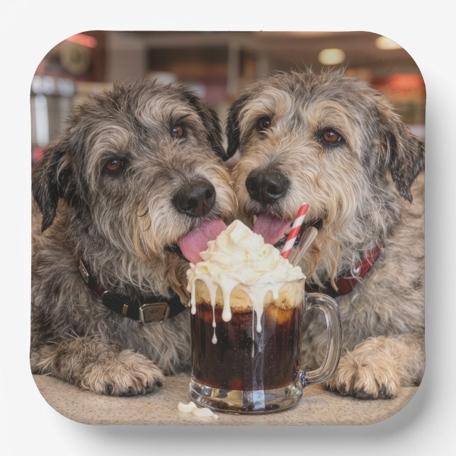 Irish Wolfhound Dogs Enjoying a Root Beer Float Paper Plate (Front)