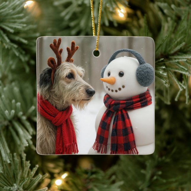 Irish Wolfhound Gazing at a Cute Snowman Ceramic Ornament (Tree)