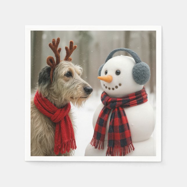 Irish Wolfhound Gazing at a Cute Snowman Napkin (Front)