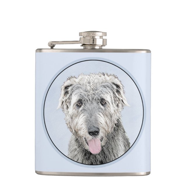 Irish Wolfhound Painting - Cute Original Dog Art Hip Flask (Front)
