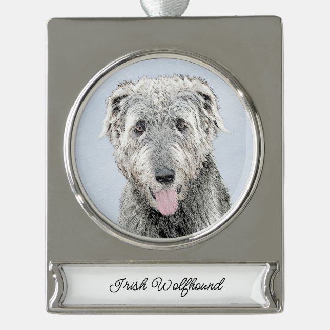 Irish Wolfhound Painting - Cute Original Dog Art Silver Plated Banner Ornament (Front)