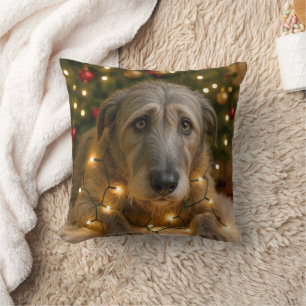 Irish Wolfhound Tangled In Holiday Lights Cushion