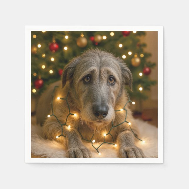 Irish Wolfhound Tangled In Holiday Lights Napkin (Front)