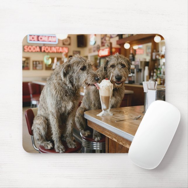 Irish Wolfhounds Sharing a Milkshake Mouse Mat (With Mouse)