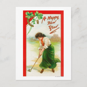 Irish Woman About to Hit Golfball Postcard