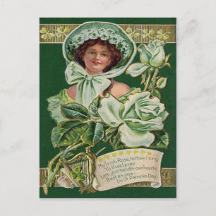 Irish Woman Rose Shamrock Clay Pipe Harp Postcard
