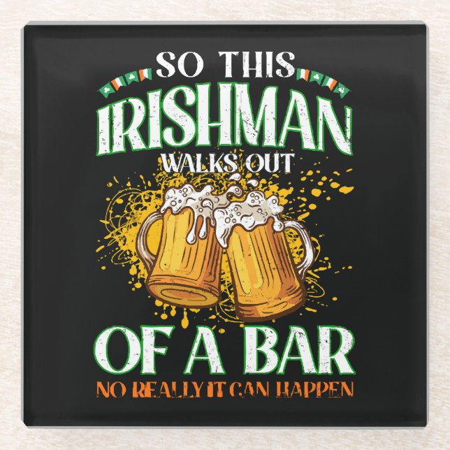 Irishman Drinking Beer St. Patrick's Day Glass Coaster (Front)