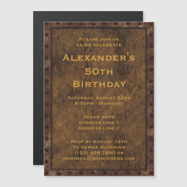 Iron Framed Effect Men´s 50th  Birthday Magnetic Invitation (Front/Back)