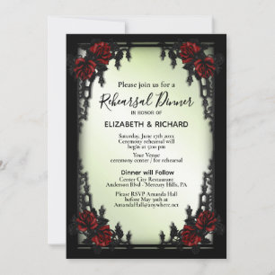 Iron Gothic Red Rose Green Rehearsal Dinner Invitation