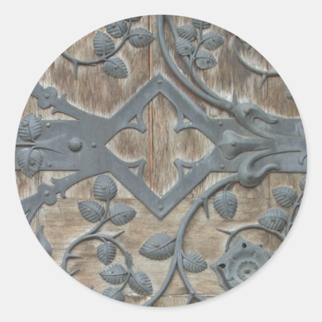 Iron Mediaeval Lock on Wooden Door Classic Round Sticker (Front)